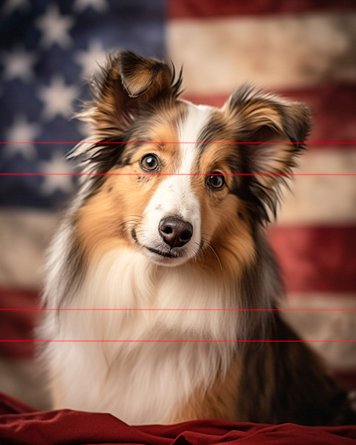 A Shetland Sheepdog with a tricolor coat of black, white, and tan poses in front of a faded American flag. The dog's head is slightly tilted to the right, displaying a curious and attentive expression.